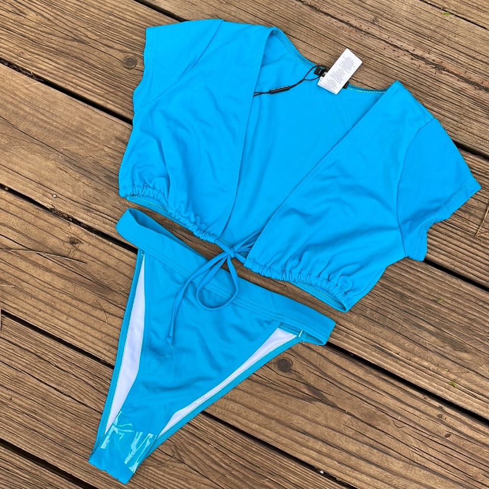 PLT Turquoise Tie-Front High-Waisted Bikini